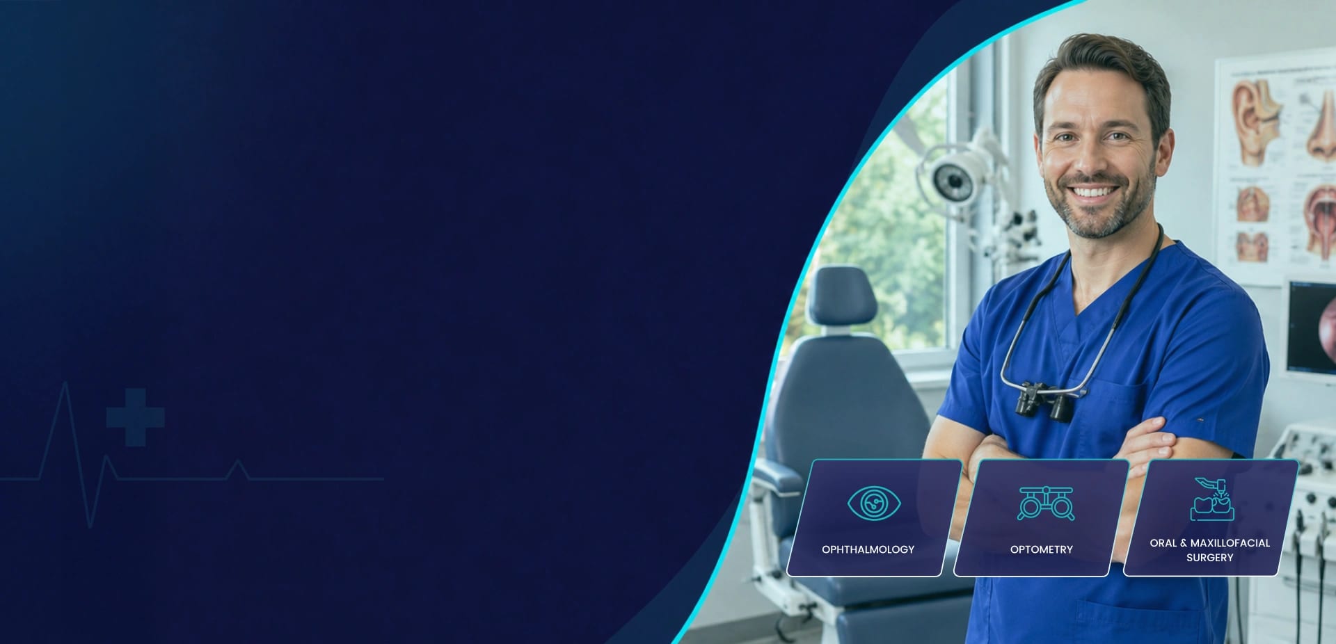 Otolaryngologist in an ENT examination room with diagnostic equipment behind them