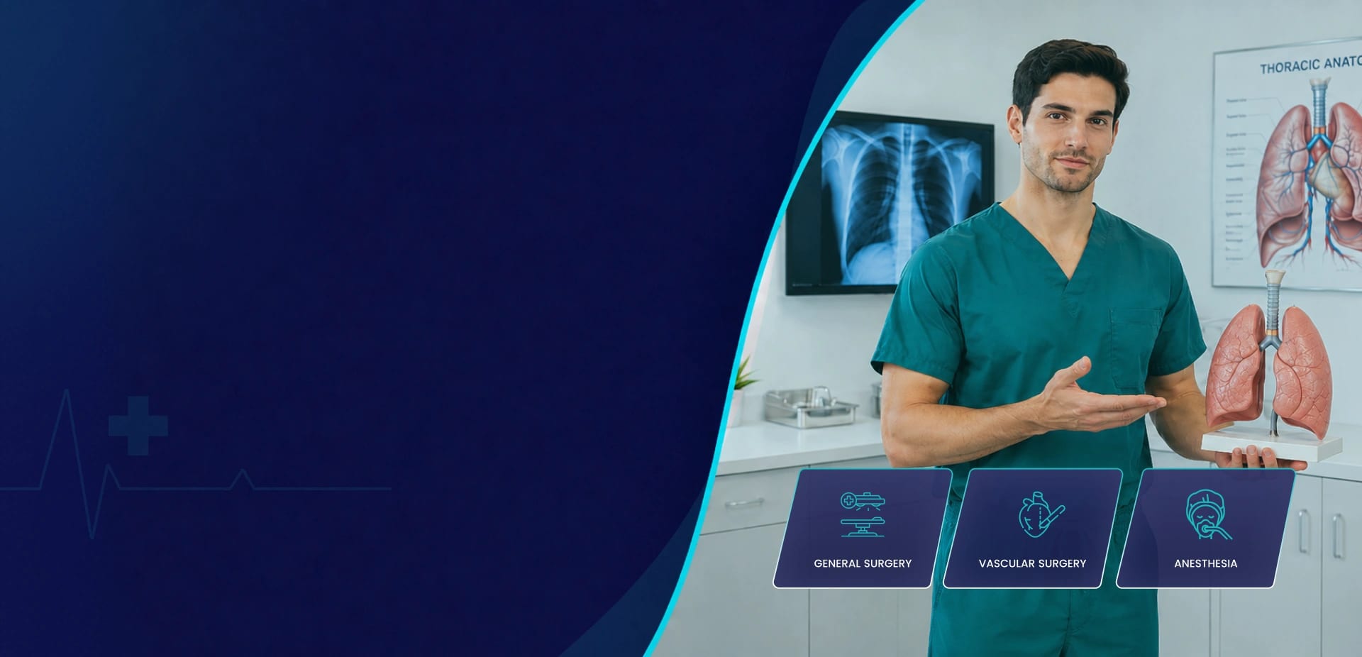 Thoracic surgeon holding a lung model beside a chest X-ray and anatomy chart