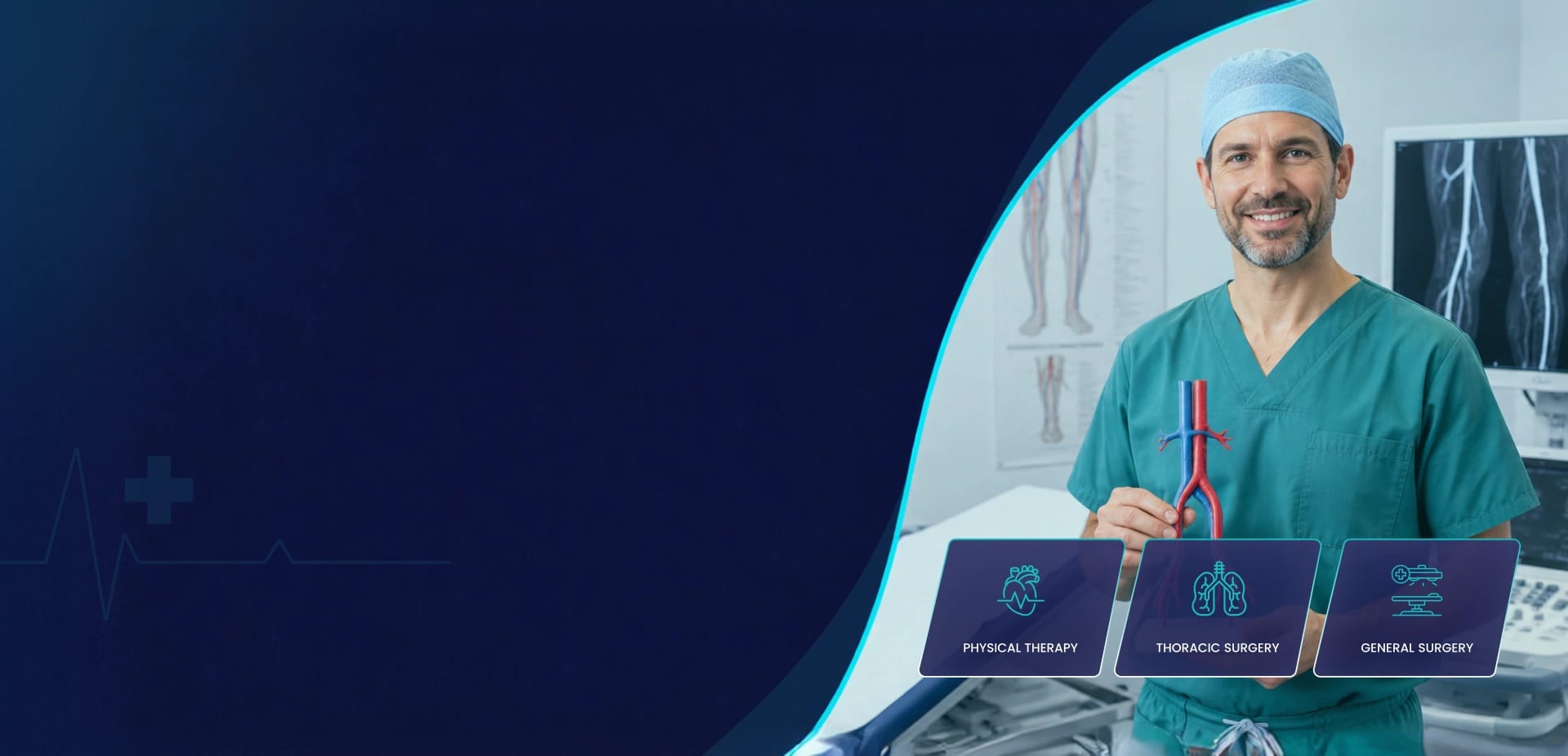 Vascular surgeon holding an aortic model in an imaging suite