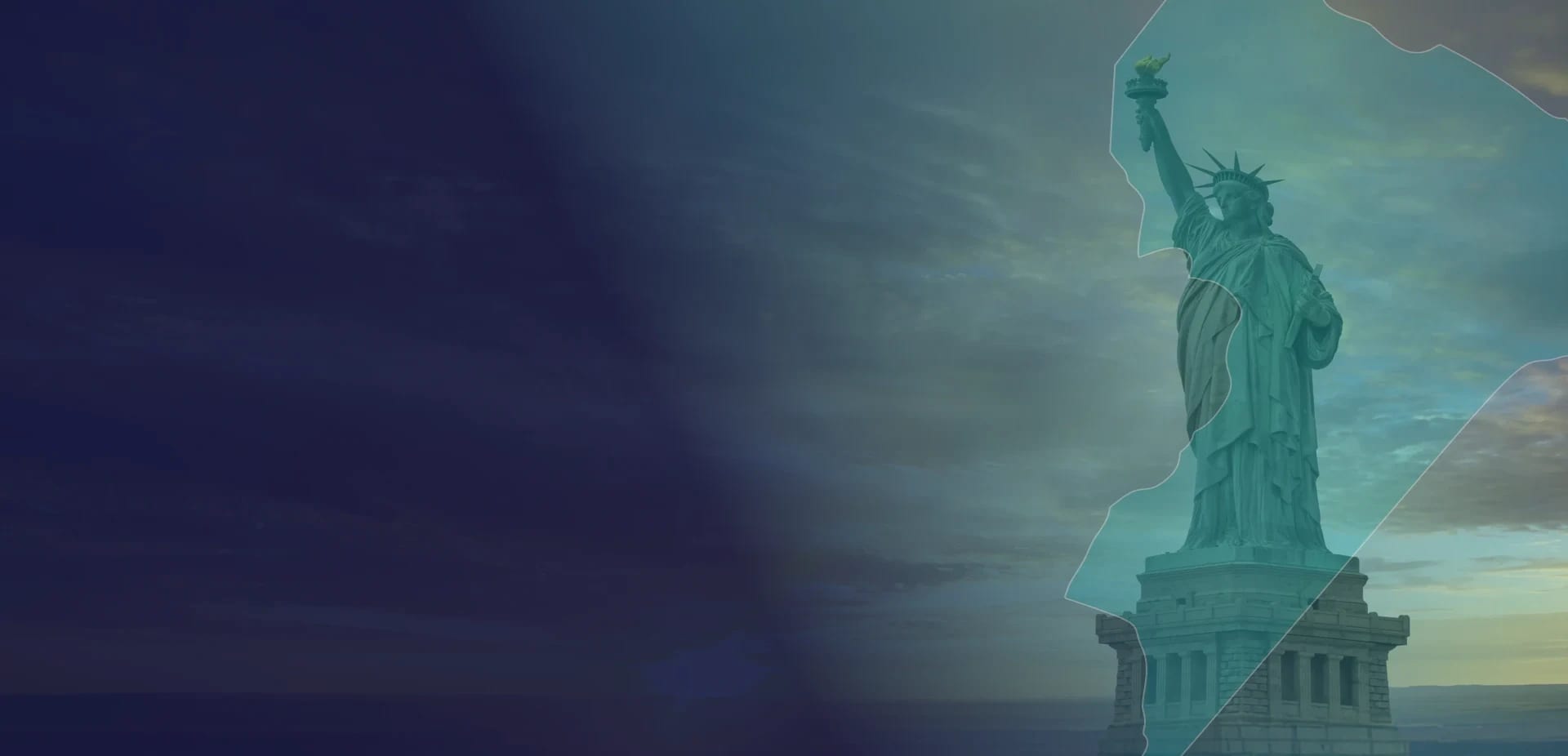 Statue of Liberty framed by a teal outline of New York State against a navy sky