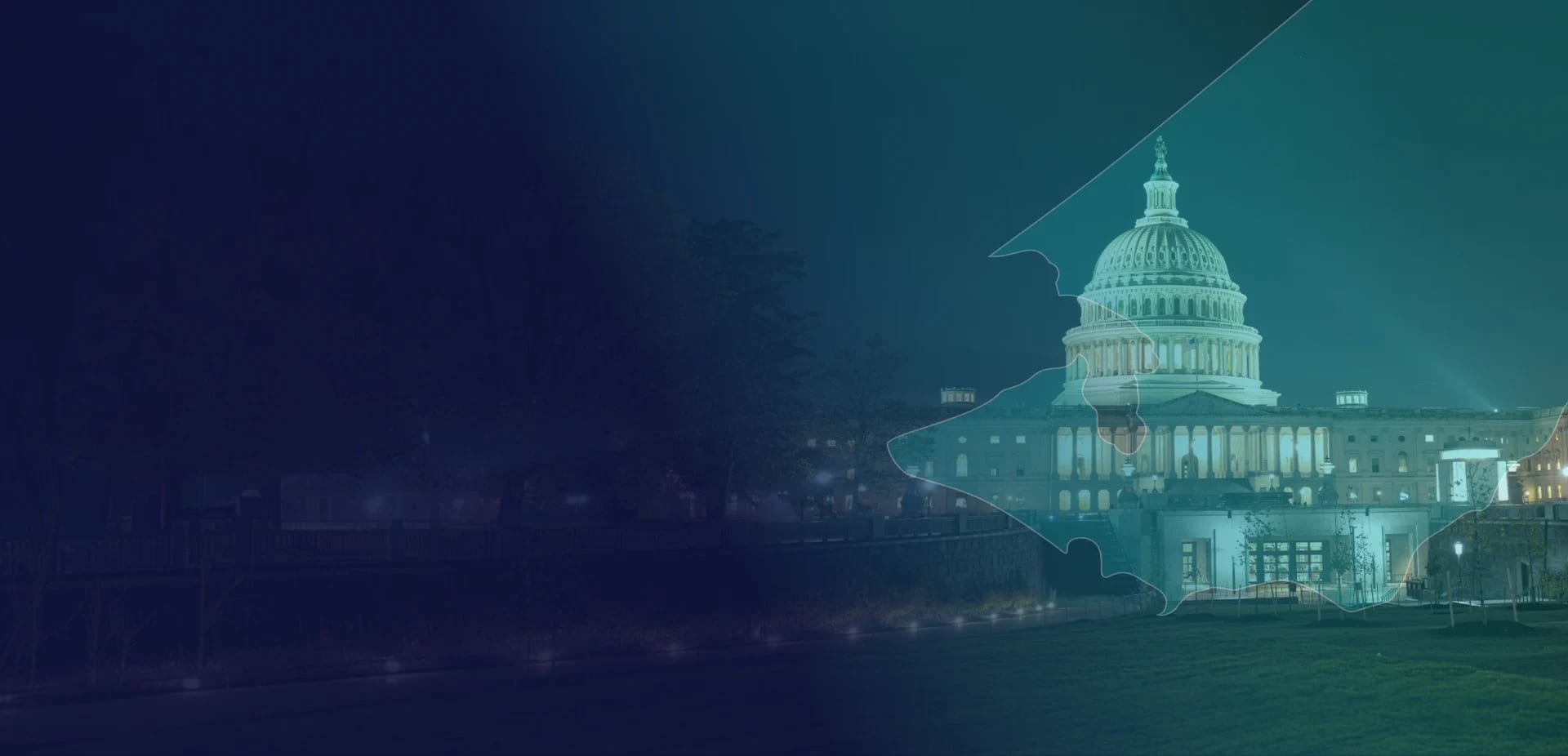 United States Capitol at night framed by a teal outline of Washington state