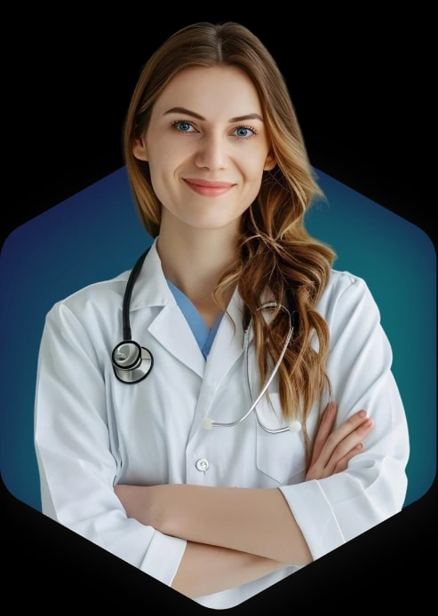 Physician in a white coat with a stethoscope, arms folded
