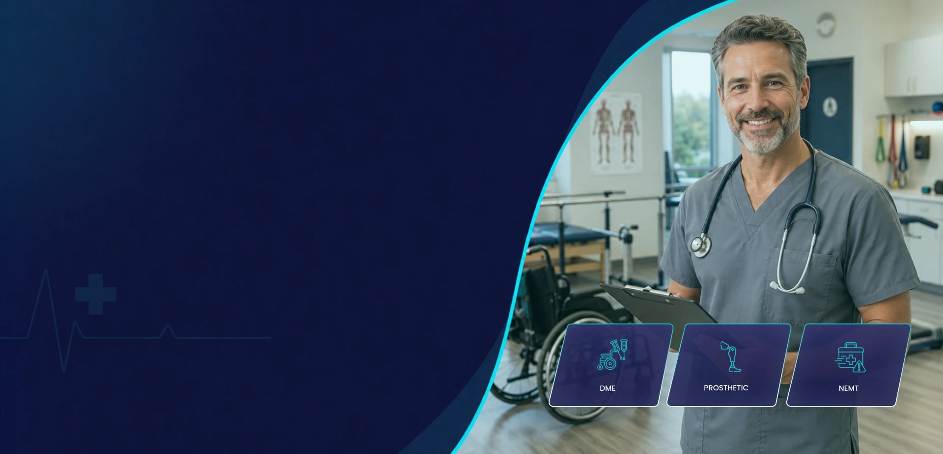 Clinician with a clipboard in a rehabilitation room with a wheelchair