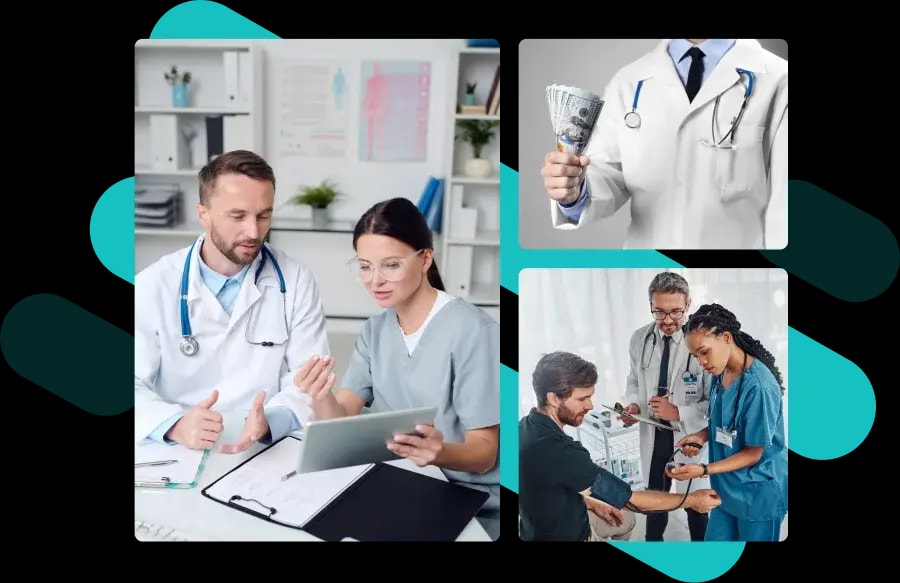 Collage of a clinician and nurse reviewing a tablet, a physician holding cash and a patient having their blood pressure taken