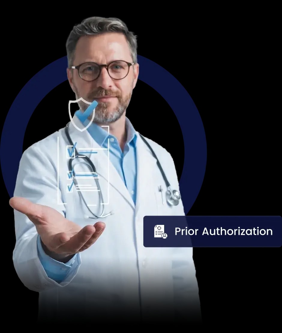 Psychiatrist in a white coat with an outstretched hand beside a prior authorization checklist and shield