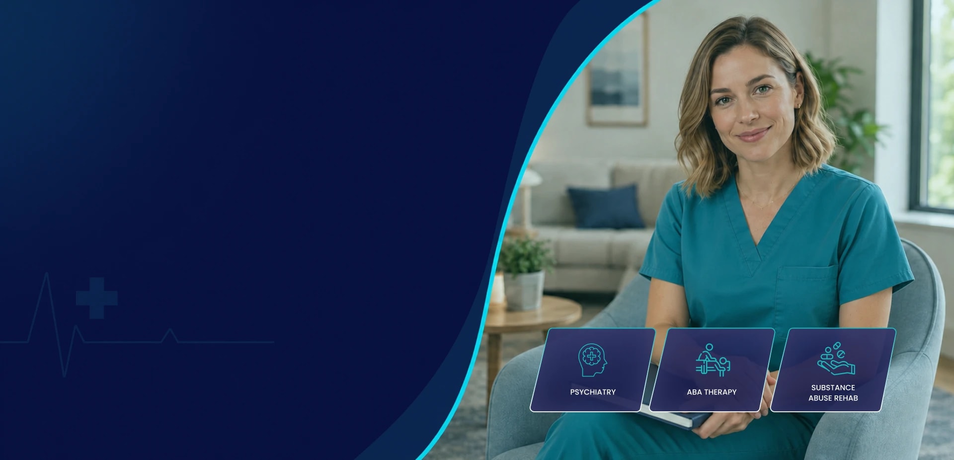 Behavioral health clinician seated with a patient's notes in a therapy room