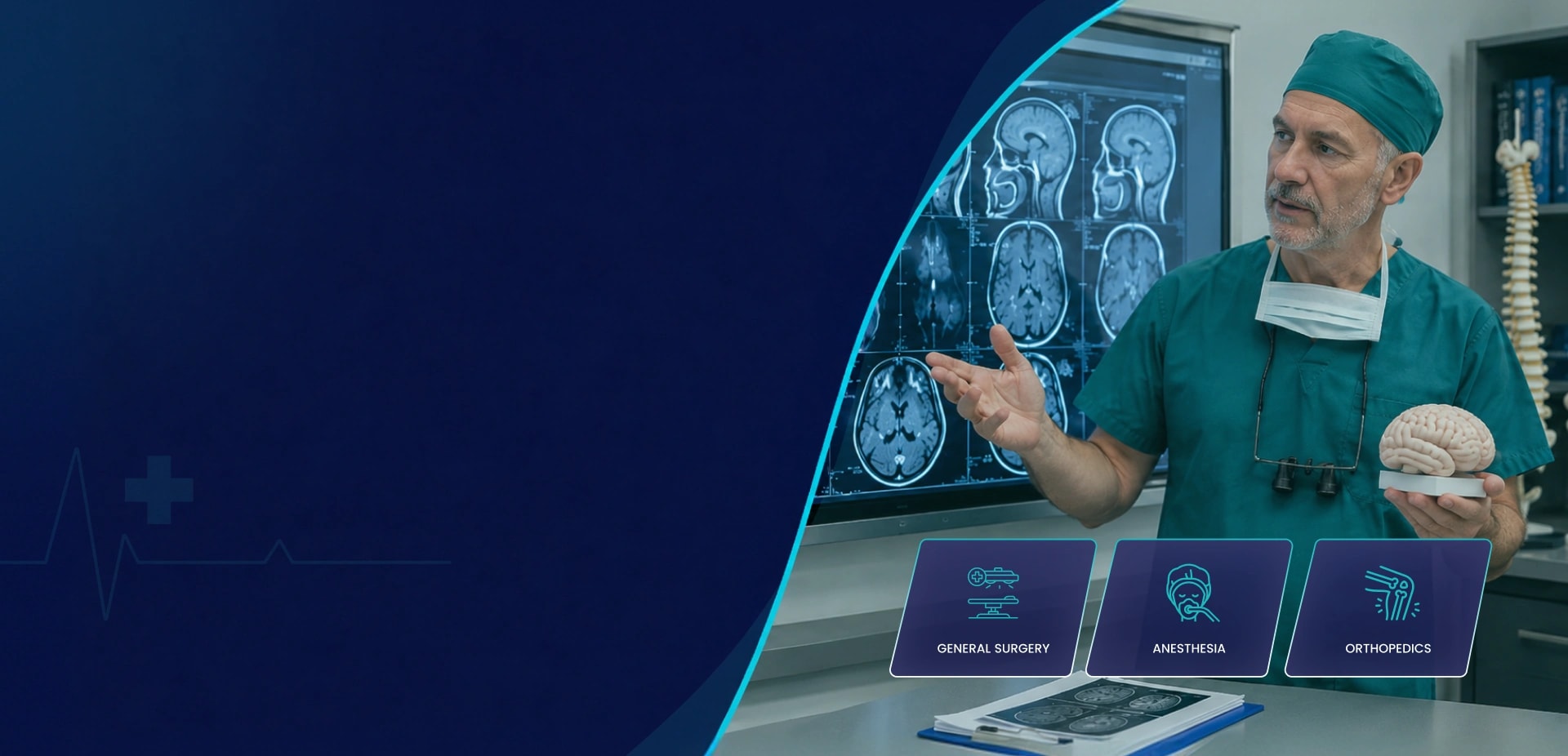 Neurosurgeon operating under a surgical microscope in a hospital theatre