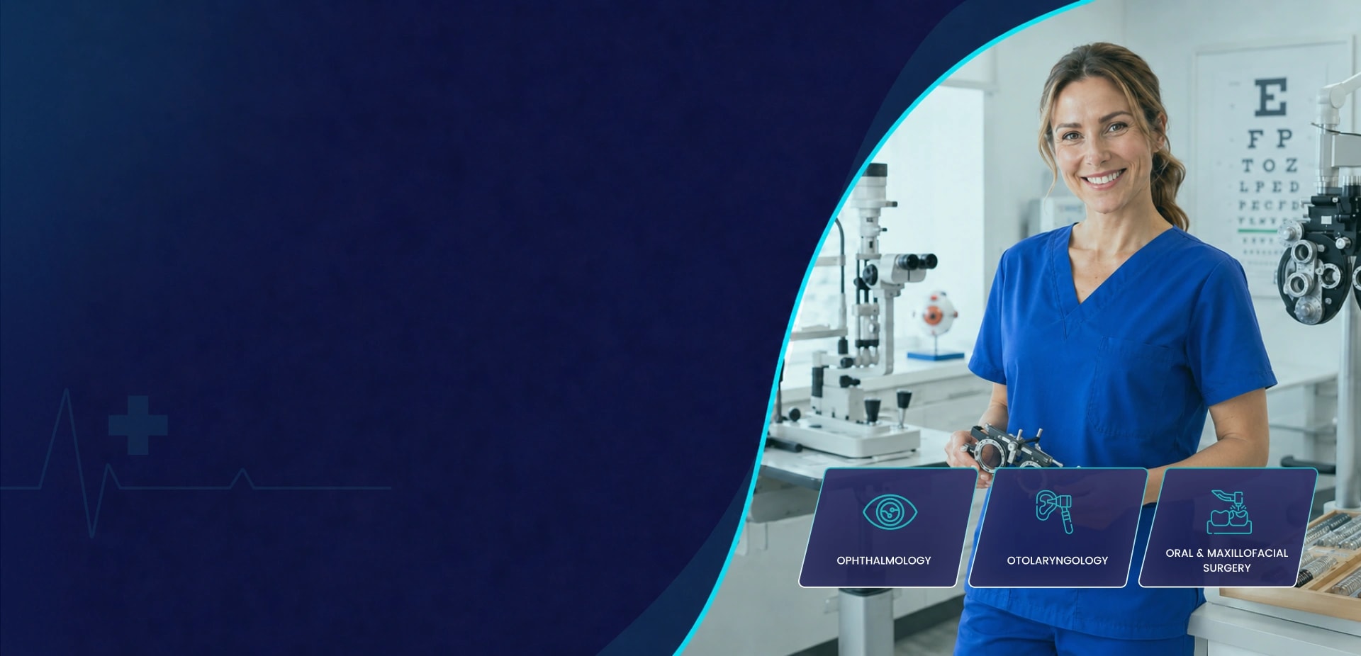 Optometrist holding a trial frame in an eye clinic beside a slit lamp and eye chart