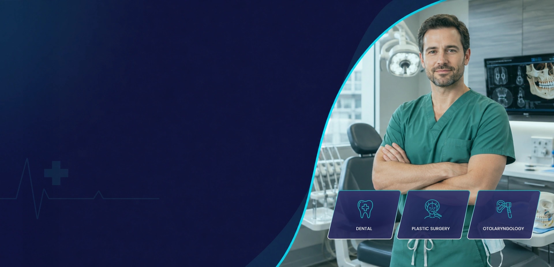 Oral and maxillofacial surgeon in an operatory beside maxillofacial imaging