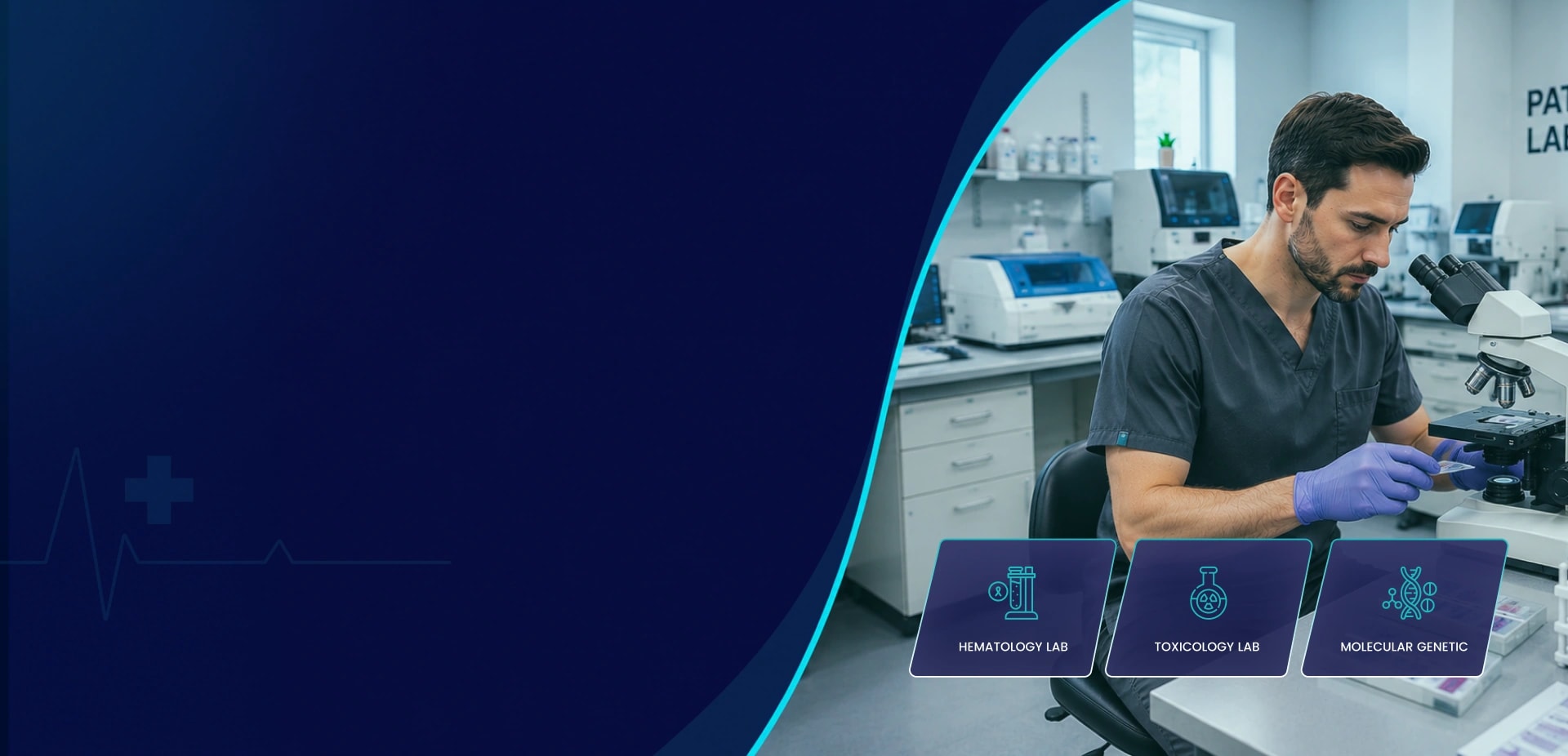 A laboratory scientist in scrubs and purple gloves loading a slide onto a microscope in a pathology lab
