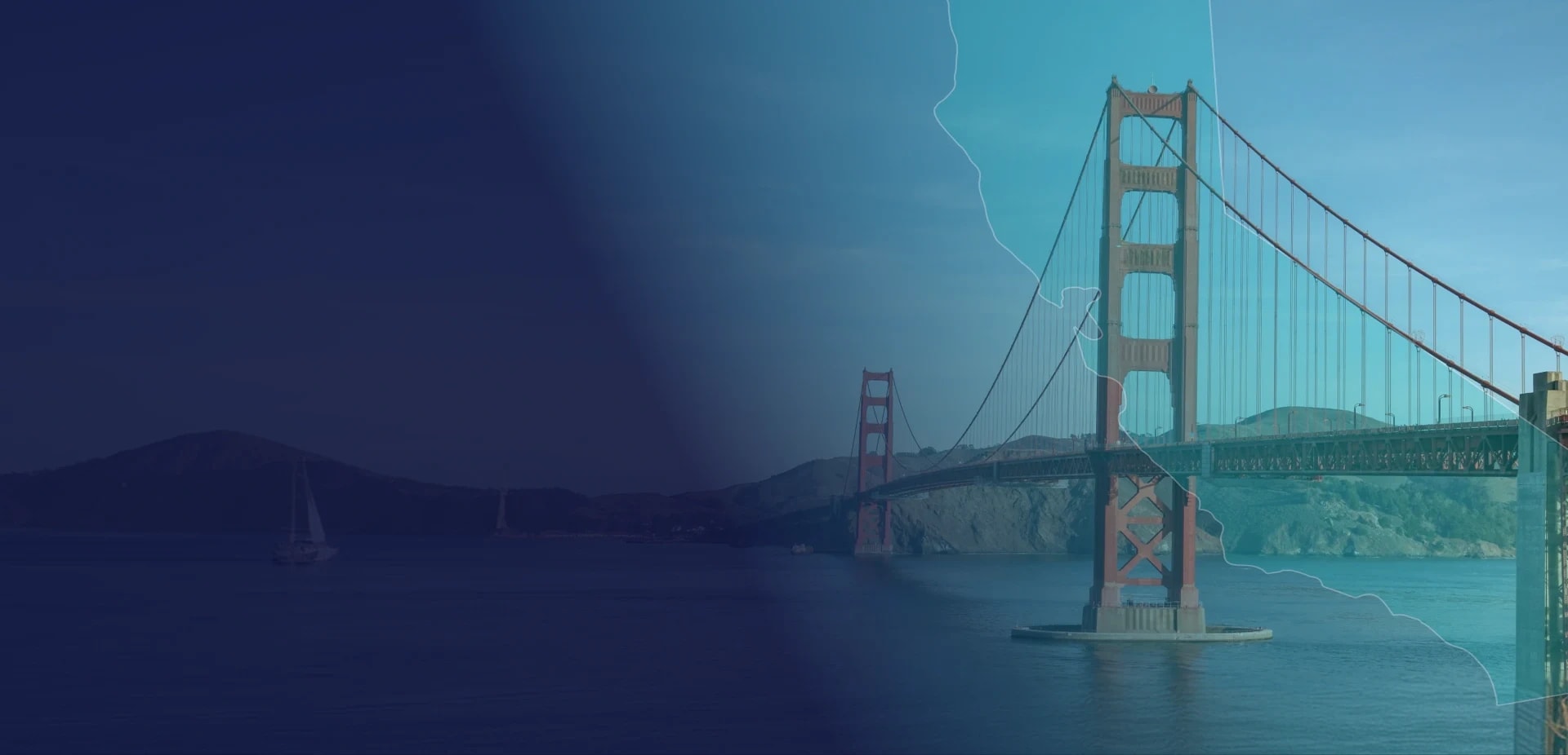 Golden Gate Bridge framed by a teal outline of California