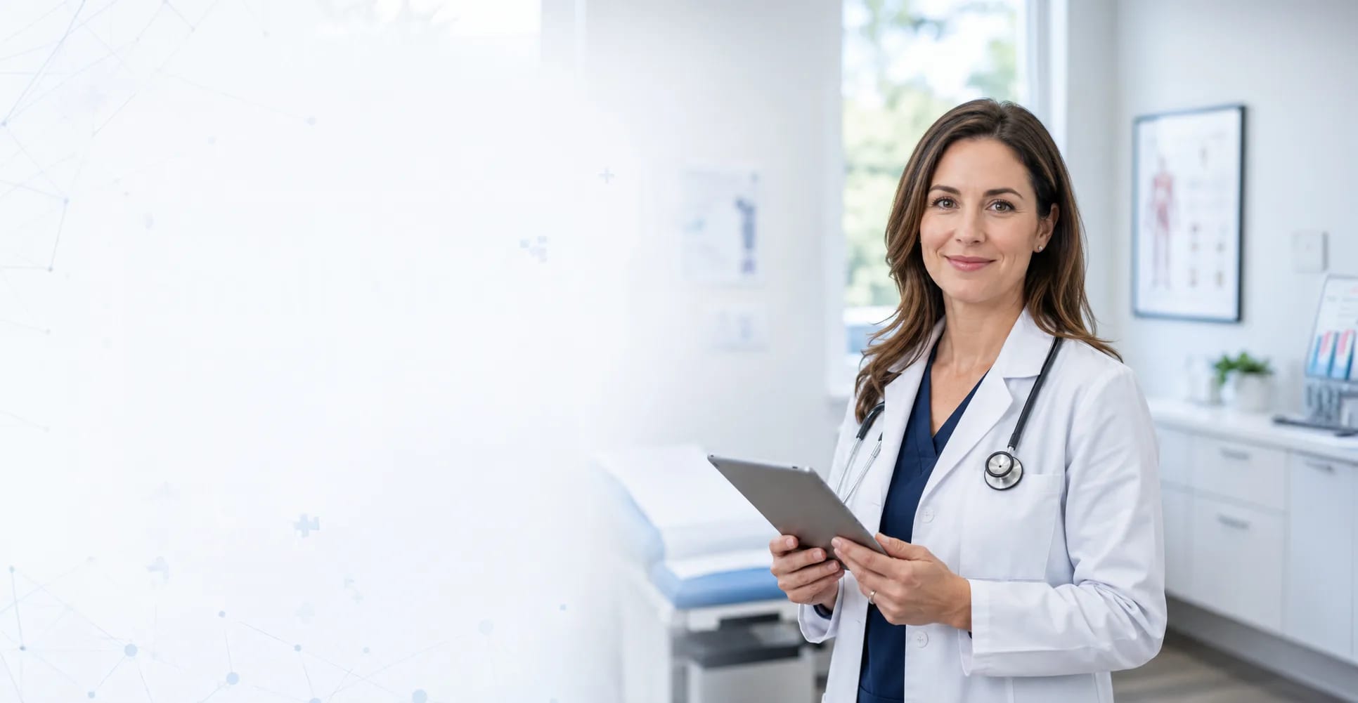 Physician holding a tablet in a bright clinic exam room