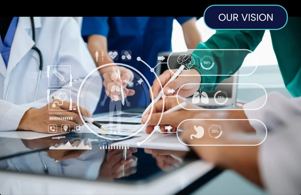 Clinical team reviewing patient data over a tablet, overlaid with connected-care analytics