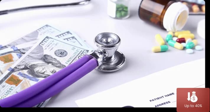 US banknotes and a stethoscope on a patient billing form beside spilled prescription capsules, badged “Up to 40%”