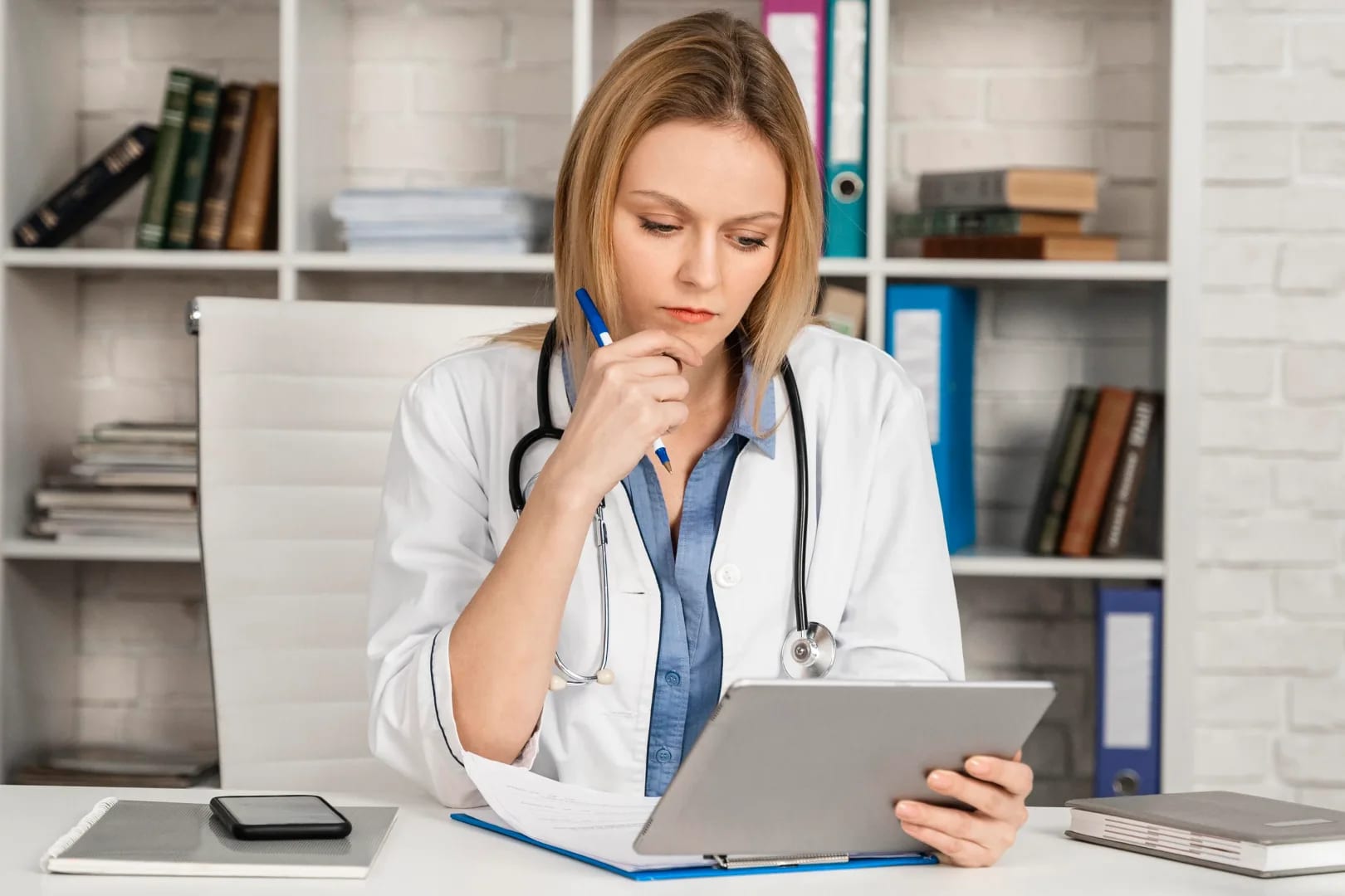 Physician weighing a billing report on a tablet, pen in hand