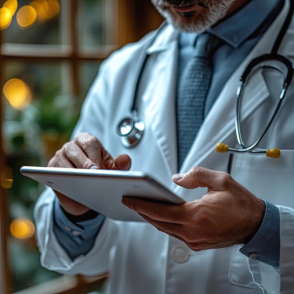 A physician reviewing billing data on a tablet