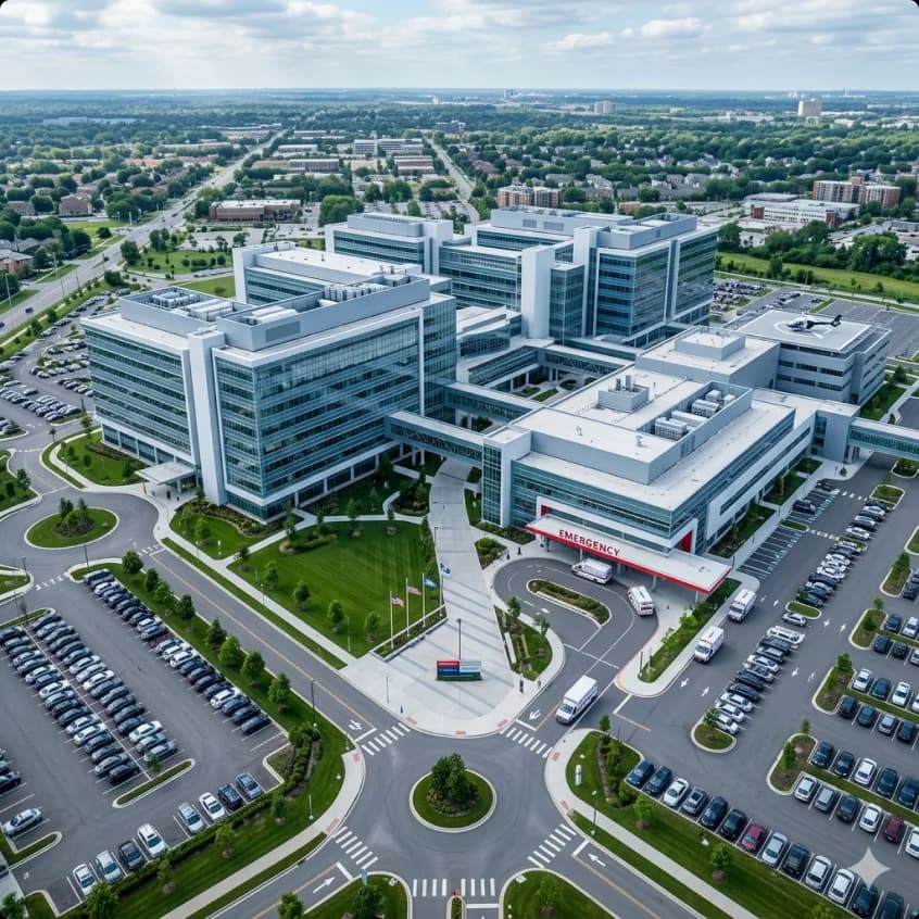 Aerial view of a hospital campus: connected glass-and-white buildings, an emergency entrance with ambulances, a rooftop helipad and full parking lots