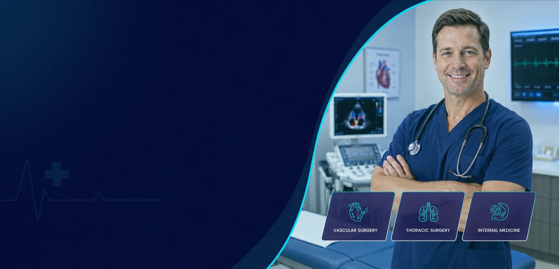Cardiologist standing in an echocardiography suite with vascular, thoracic and internal medicine cards