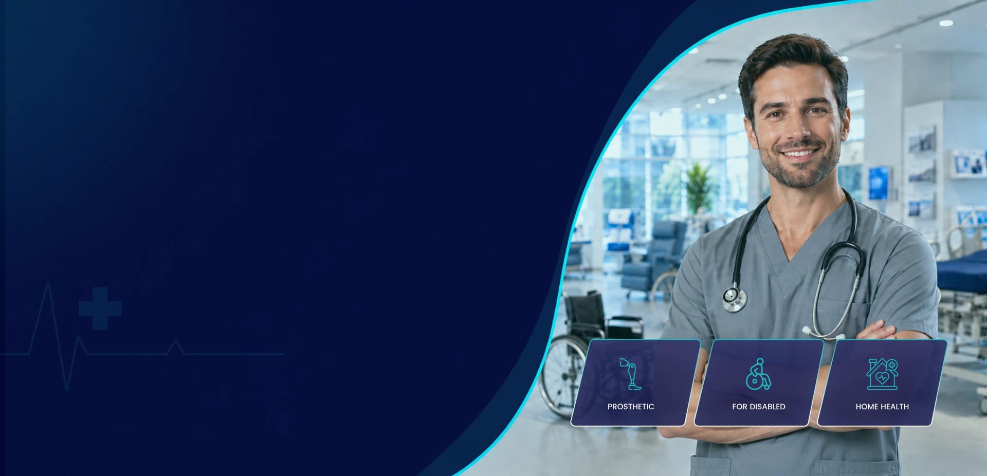 DME clinician with a stethoscope in a medical equipment showroom