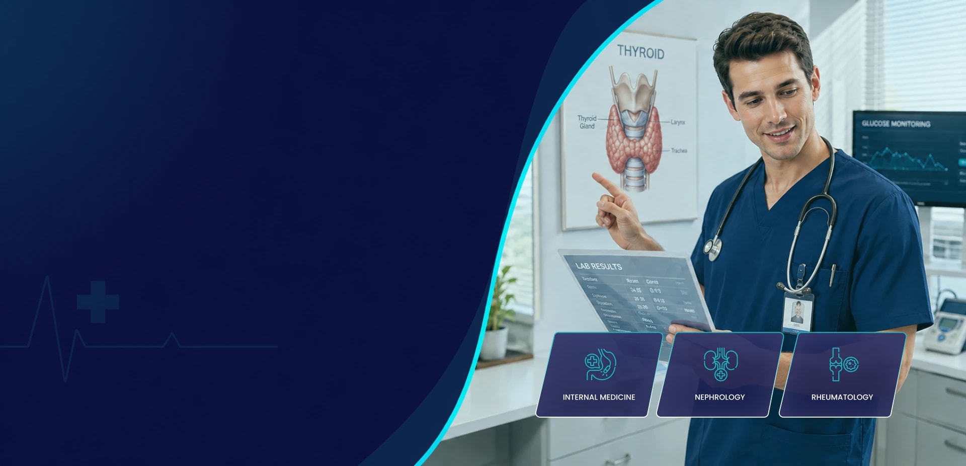 Endocrinologist reviewing lab results beside a thyroid chart in a clinic