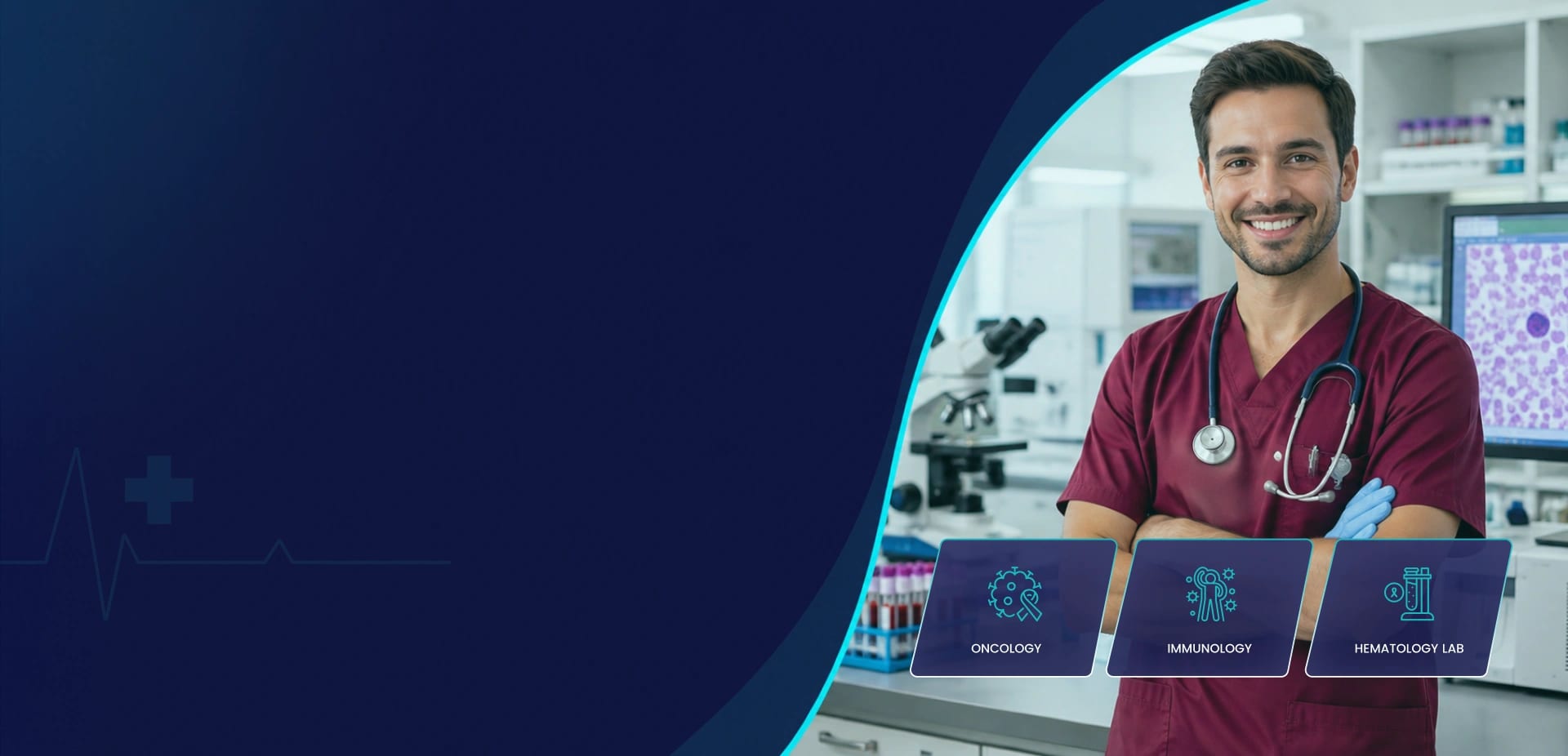A smiling hematology lab technician in maroon scrubs with a stethoscope standing in a laboratory beside a microscope, blood sample tubes and a monitor showing a blood smear