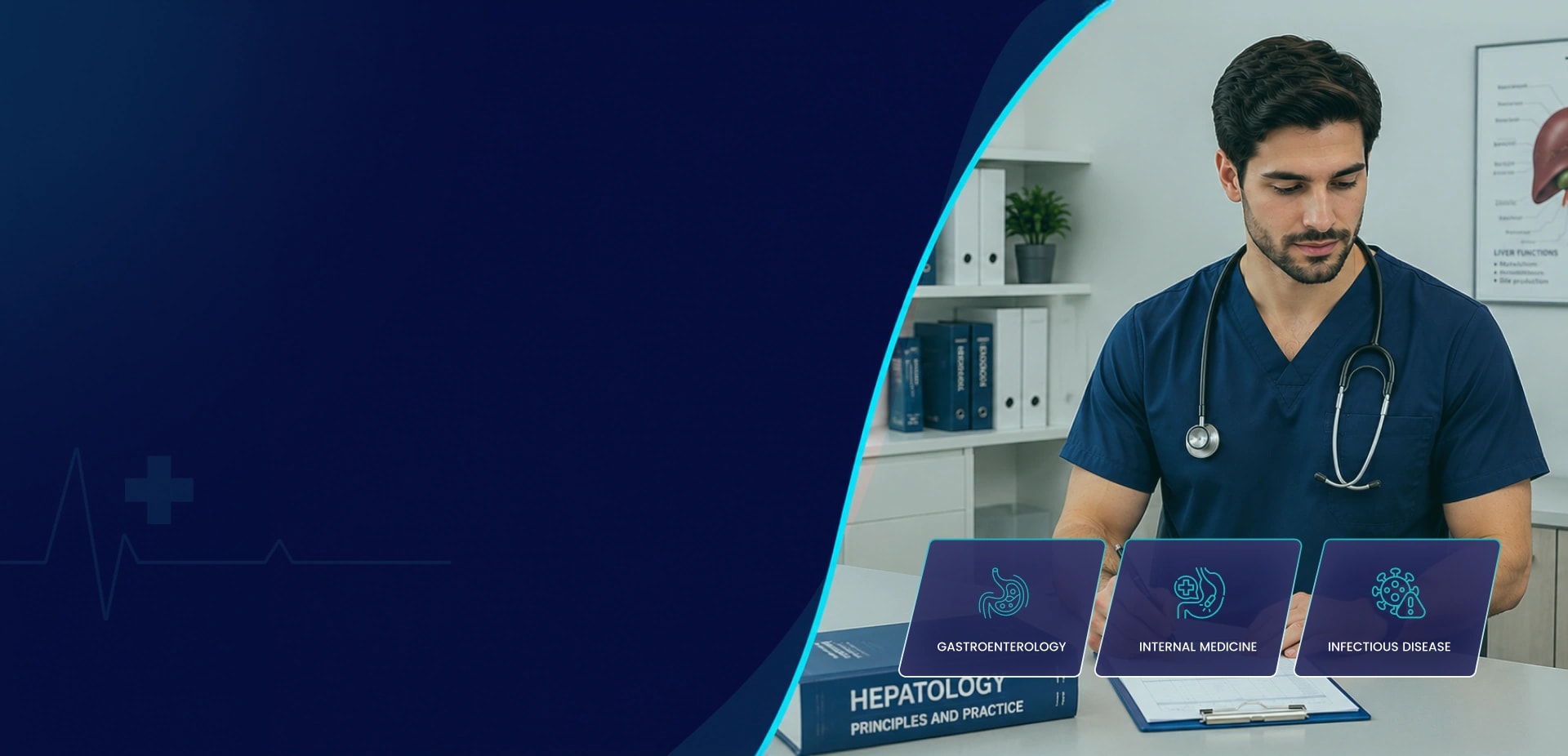 Hepatologist reviewing patient notes beside a liver anatomy chart and a hepatology textbook