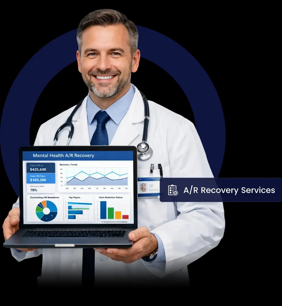 Physician holding a laptop showing a Mental Health A/R Recovery dashboard with total A/R, over-90-day balances and recovery rate