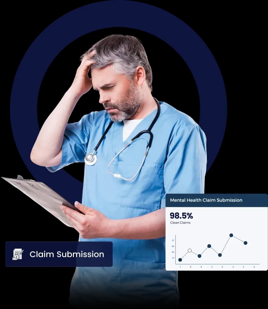 Clinician in scrubs reading a clipboard beside a claim submission panel