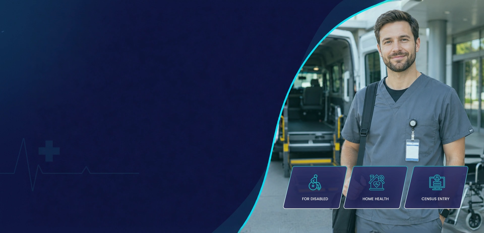 Non-emergency medical transport attendant beside a wheelchair-accessible van