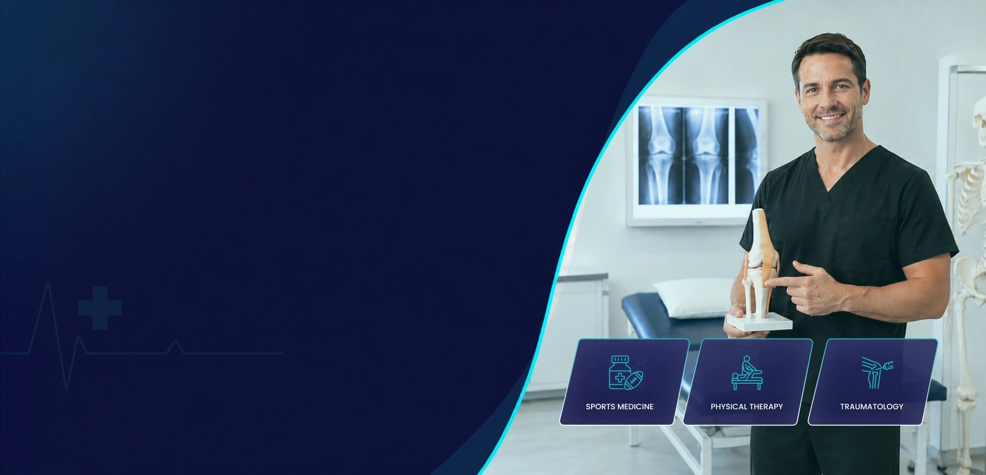 Orthopedic clinician holding a knee joint model beside a knee X-ray display