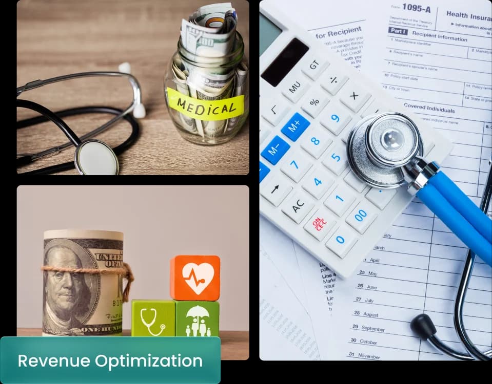 Collage of a stethoscope beside a jar of cash, a roll of banknotes and a calculator on an insurance form