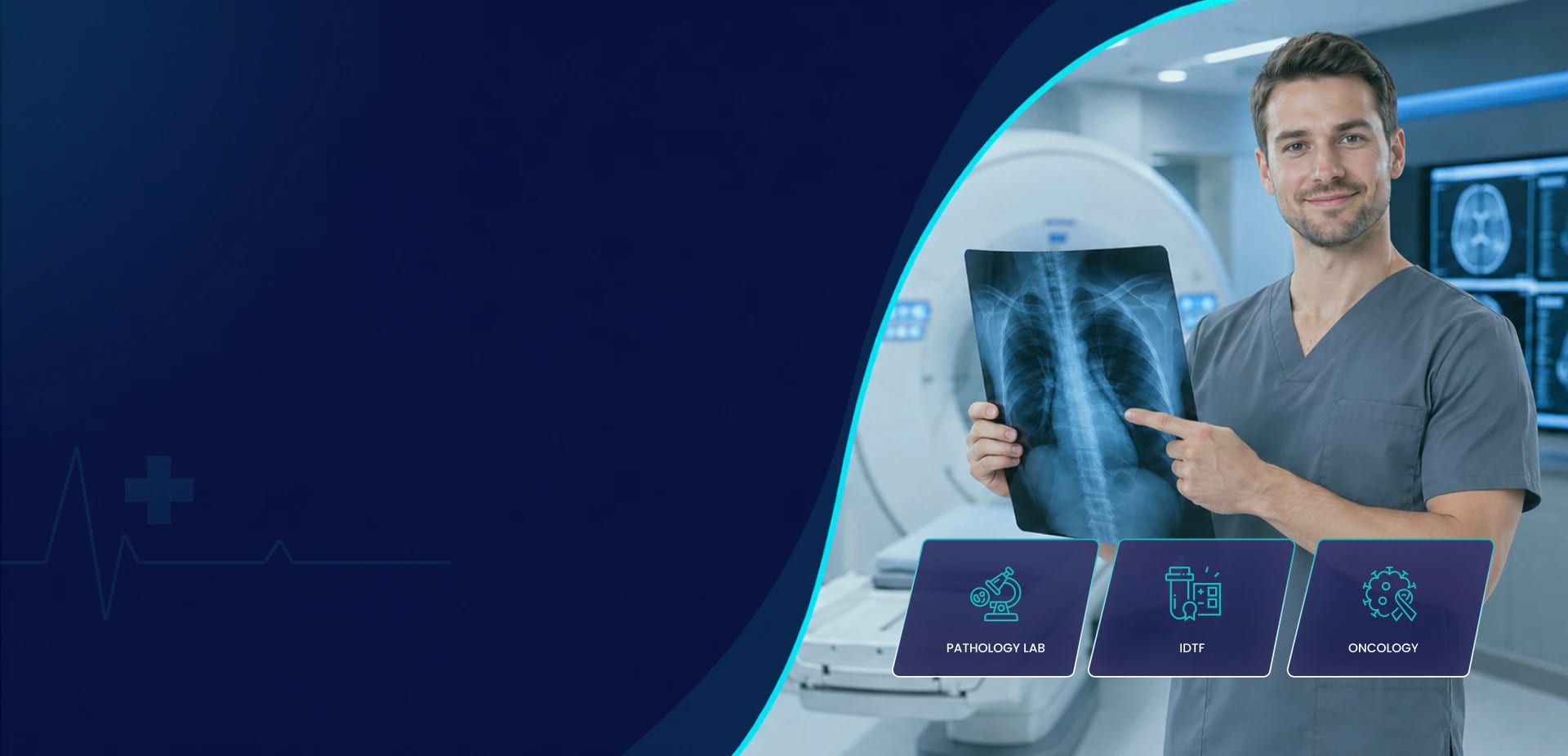 Radiologist reviewing diagnostic imaging scans on a reading-room monitor