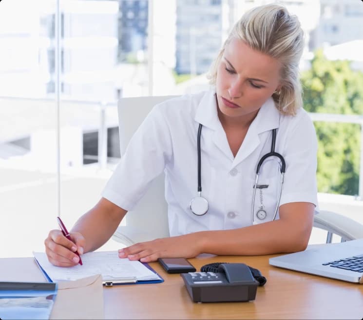 Sleep medicine biller reviewing payer claim paperwork at a clinic desk