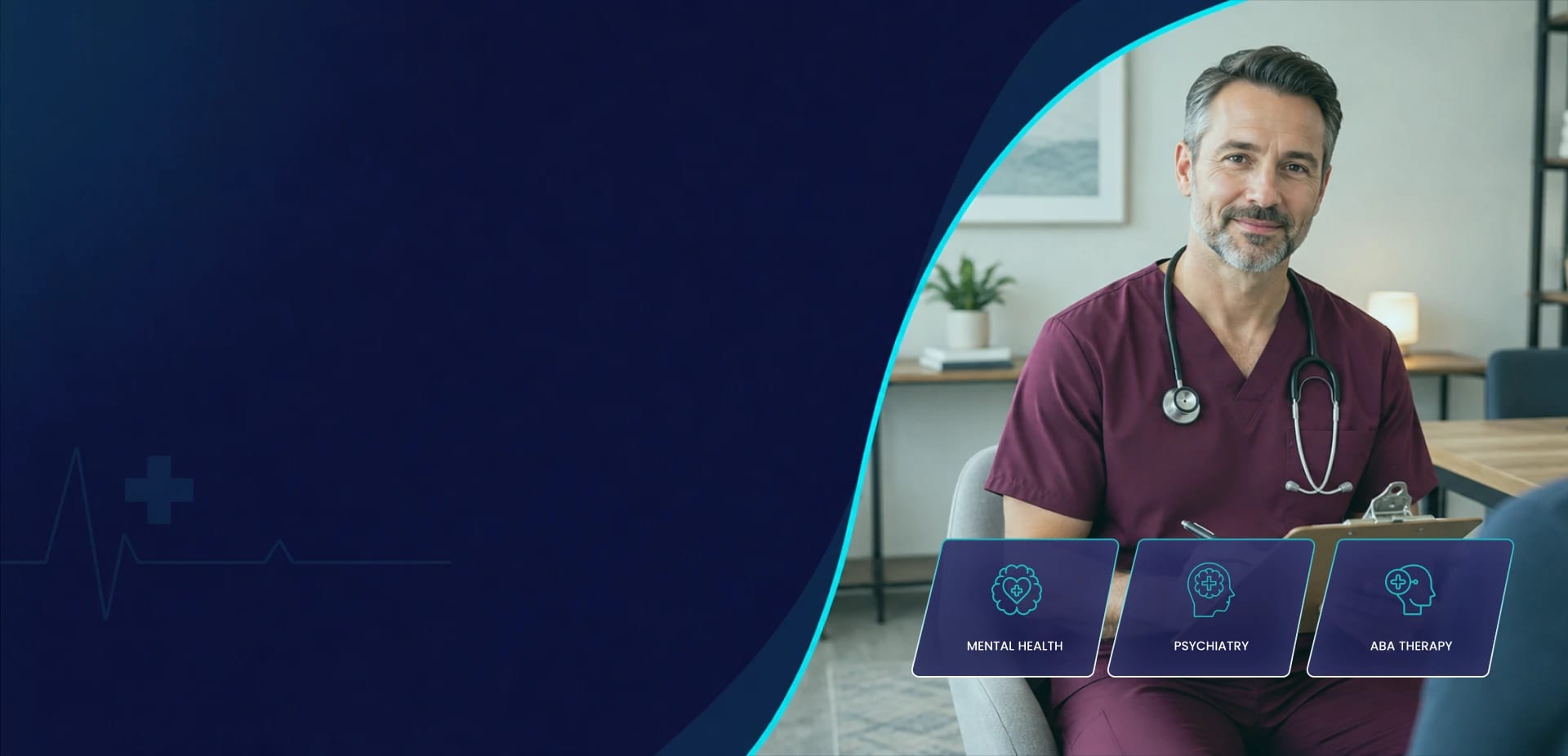 Clinician in scrubs with a clipboard in a treatment room, beside mental health, psychiatry and ABA therapy cards