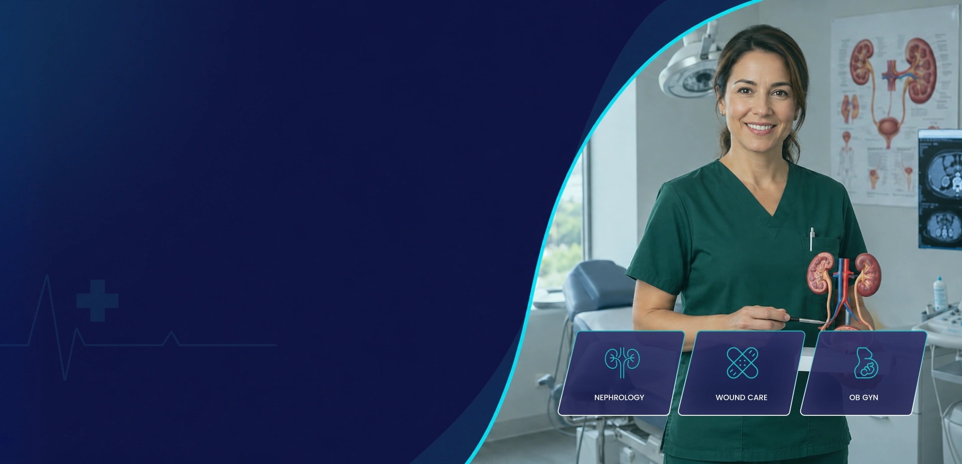 Urology nurse beside a kidney model in an exam room, with nephrology, wound care and OB GYN cards