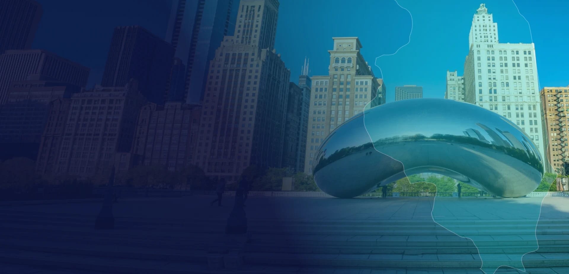 Cloud Gate and the Chicago skyline framed by a teal outline of Illinois