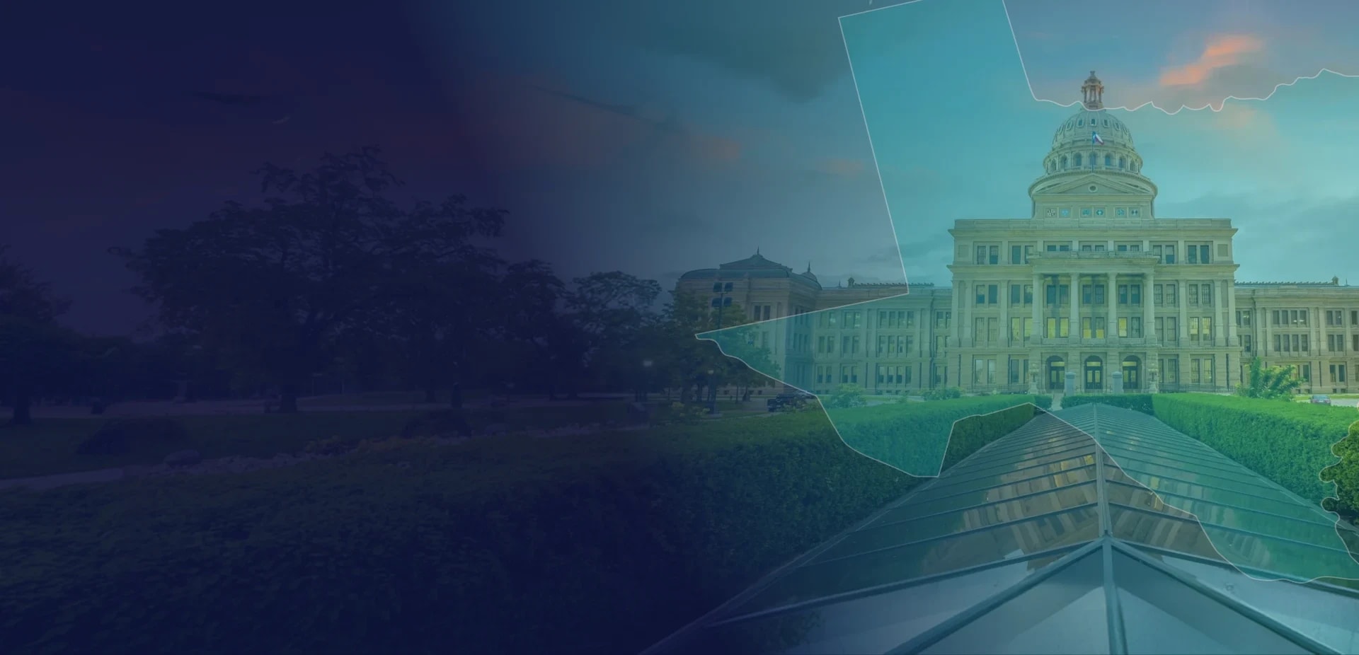 Texas State Capitol in Austin framed by a teal outline of Texas