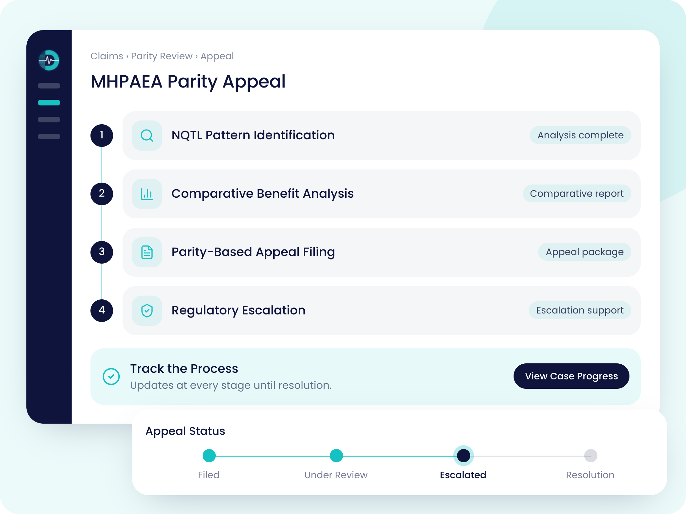 MHPAEA parity appeal screen tracking NQTL identification, benefit analysis, appeal filing and regulatory escalation to resolution
